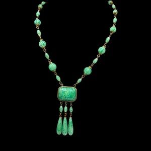 Antique Art Deco Czech Green Glass Bead Fringe Drop Necklace